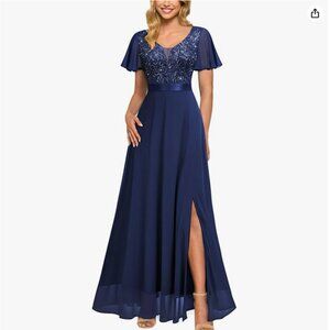 Miusol V-Neck Sequin Lace Classy Ruffle Sleeve Bridesmaid Maxi Dress (Navy, XL)